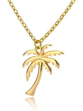 Tropical 14K Gold Palm Tree Necklace, Sterling Silver Beach Wave Pendant for